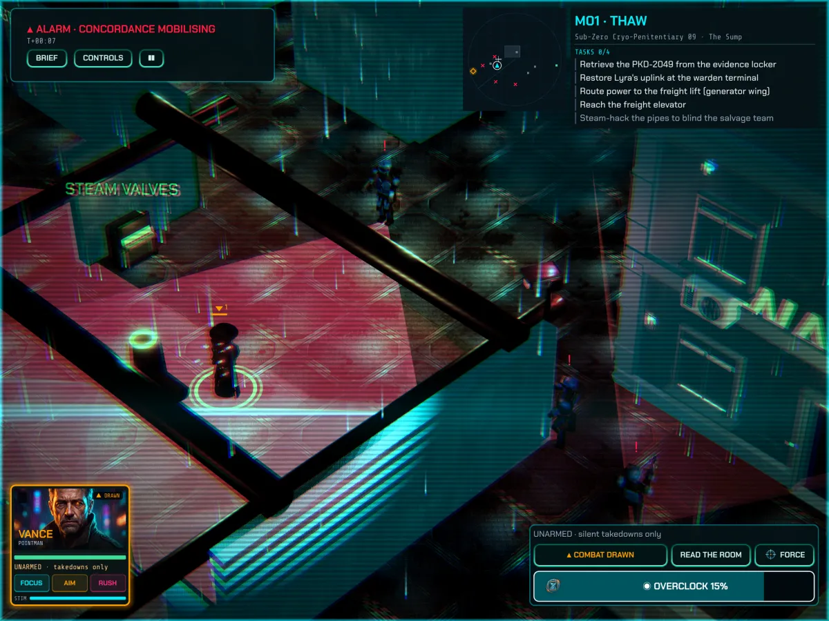 Cortex Zero on iPad: Chrono-Overclock slows Vance's escape to 15%