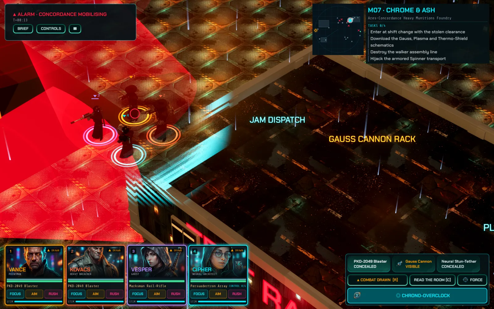 Cortex Zero on a Mac: the squad raids the Ares Foundry with the alarm up