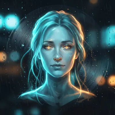 Lyra, the rogue Oracle AI, as a cyan hologram in the rain