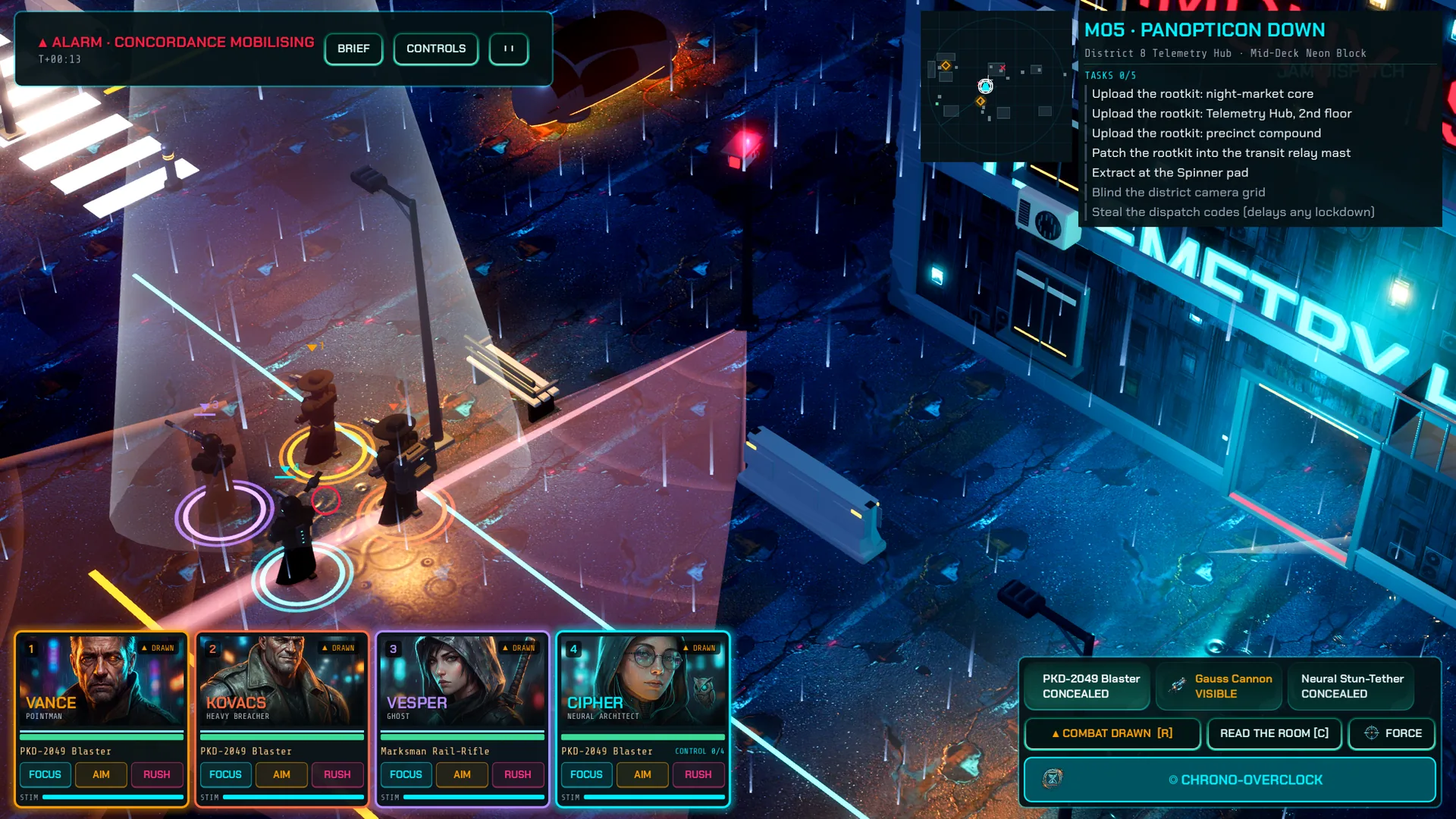 Panopticon Down: A firefight under the Telemetry Hub's neon in District 8.