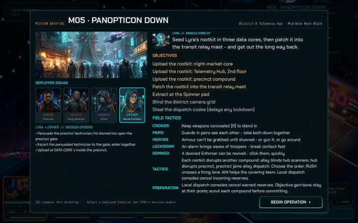 Mission Briefing: Lyra's orders, objectives and field tactics for Panopticon Down.