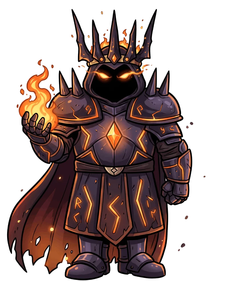 Malgrim, the Ash King, holding a flame in his gauntlet