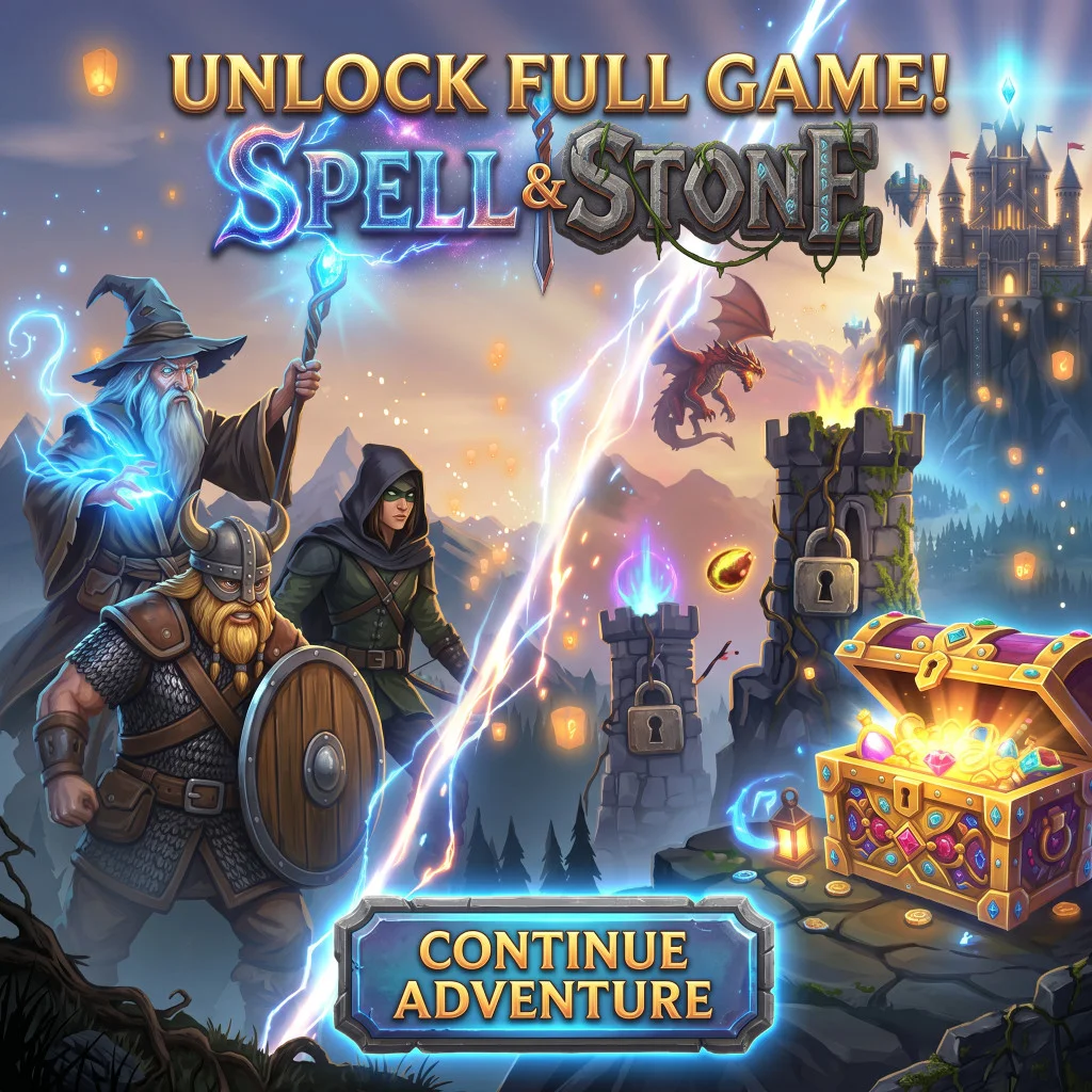 Spell & Stone key art: the wizard, the dwarf and the ranger before the Spell Stone castle